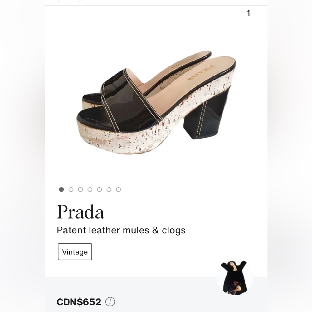 Prada 37 Black Patent Leather Mule Cork Platform Heel White Stitch Excellent